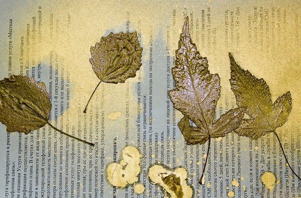 Листья деревьев, окрашенные золотой краской, лежат на бумаге